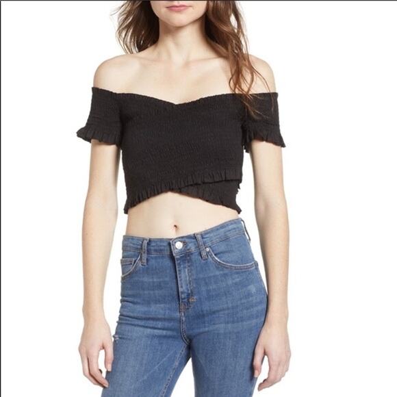ASTR Black Off Shoulder Smocked Crop Top Women’s Size M - Picture 1 of 5